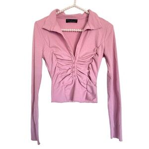 URBAN OUTFITTERS Aries Ruched Long Sleeves Button Down Crop Top in Light Mauve